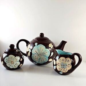 Pier 1 One Cassidy Earthenware Pottery Tea Pot Set w/ Creamer and Sugar - Retro